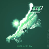 Design features a screen-printed illustration of a surfer silhouetted against a glassy green-faced wave, peeling in the shape of Cornwall's coastline.