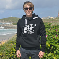 'Surf Kernow Logo' - Black organic cotton hoodie – Modelled by local surfer Jay at Fistral beach in Newquay, Cornwall.