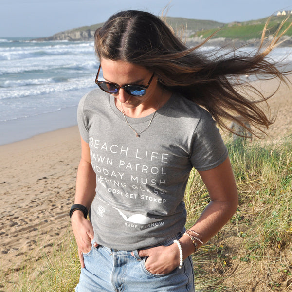 'Beach Life' - Light grey organic cotton surf t-shirt – Modelled by local surfer Dannie at Fistral beach in Newquay, Cornwall.