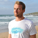 'Glassy' - White organic cotton surf t-shirt – Modelled by local surfer JB at Fistral beach in Newquay, Cornwall.