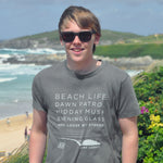 'Beach Life' - Dark grey organic cotton surf t-shirt – Modelled by local surfer Jay at Fistral beach in Newquay, Cornwall.