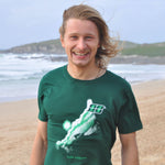 'Coast Rider' - Bottle green organic cotton surf t-shirt – Modelled by local surfer René at Fistral beach in Newquay, Cornwall.