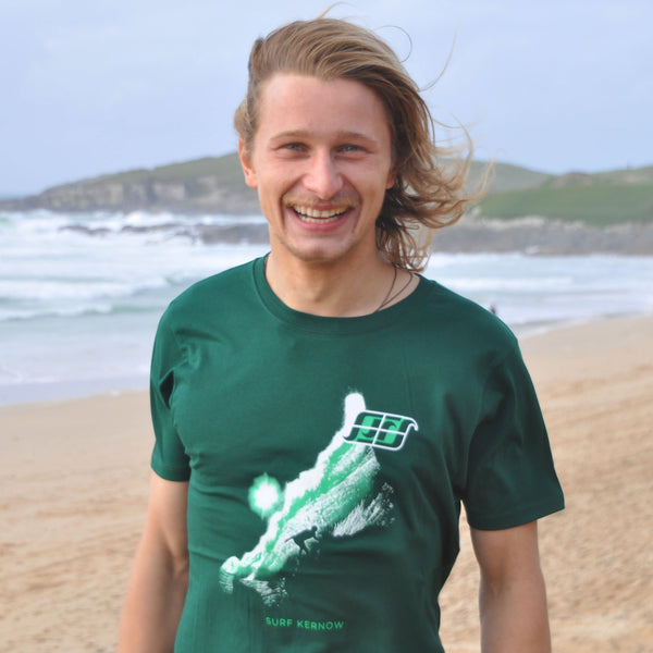 'Coast Rider' - Bottle green organic cotton surf t-shirt – Modelled by local surfer René at Fistral beach in Newquay, Cornwall.