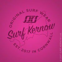 This 'hot pink' design features the Surf Kernow 'seal of authenticity' in this screen-printed graphic. Show off your Cornwall pride!