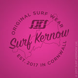 This 'hot pink' design features the Surf Kernow 'seal of authenticity' in this screen-printed graphic. Show off your Cornwall pride!